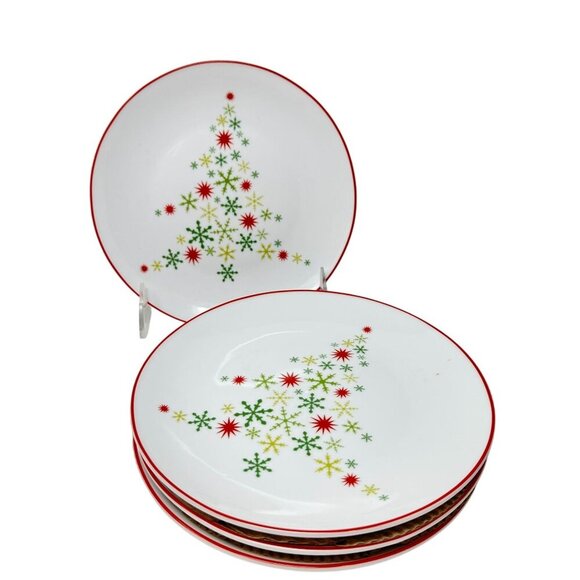 Crate & Barrel Snowflake Holiday Tree Plates Set of 4 Retro Starburst MCM - Picture 1 of 10